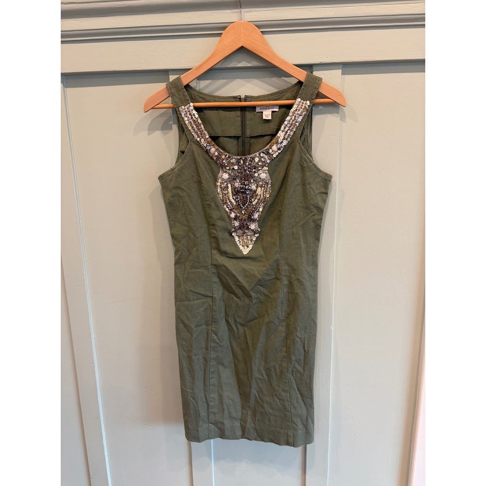 Boston Proper Olive Green Embellished Beaded Linen Shift Dress Size 6